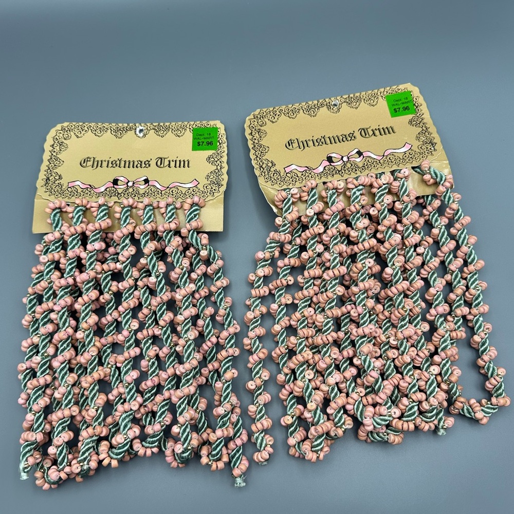 2 Packs VTG 90s Walmart Christmas Trim Garland Green Cord With Pink & Gold Beads